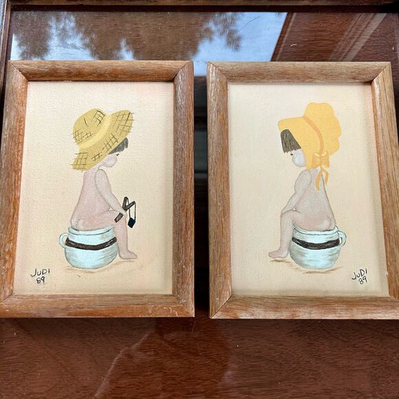 Vintage Framed Paintings Boy And Girl on Chamber Pots, set of 2 - Picture 2 of 11
